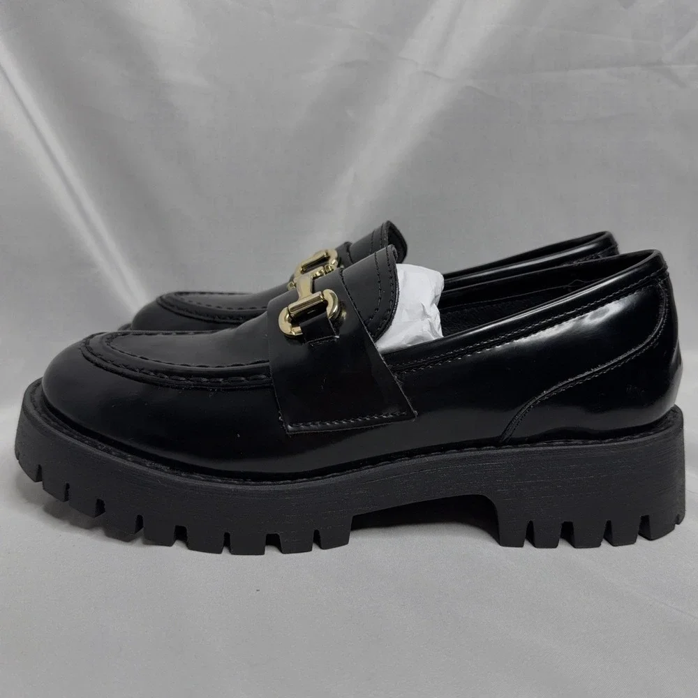 Steve Madden Lando Black Leather Chunky Loafer 8.5 Platform Lug Sole Horsebit